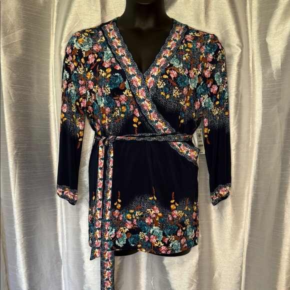 JM Collection Regal Romance Women’s Large Intrepid Blue Floral 3/4 Sleeve Blouse - Picture 1 of 9